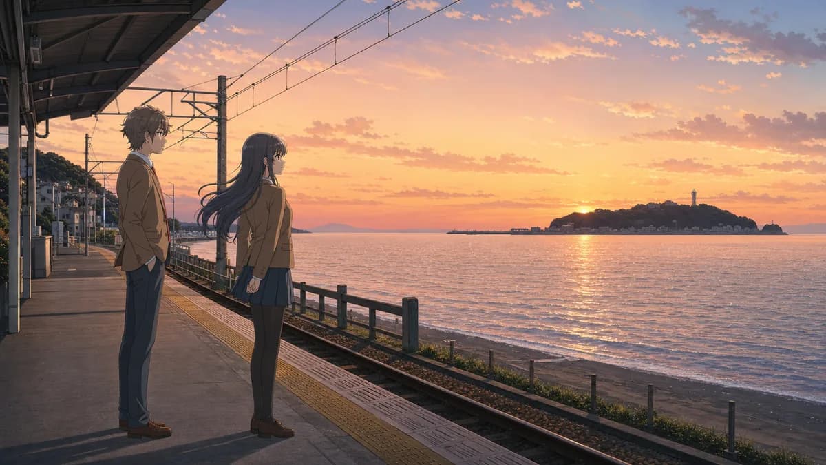 Two students on a coastal railway platform at sunset with an island out across the water.