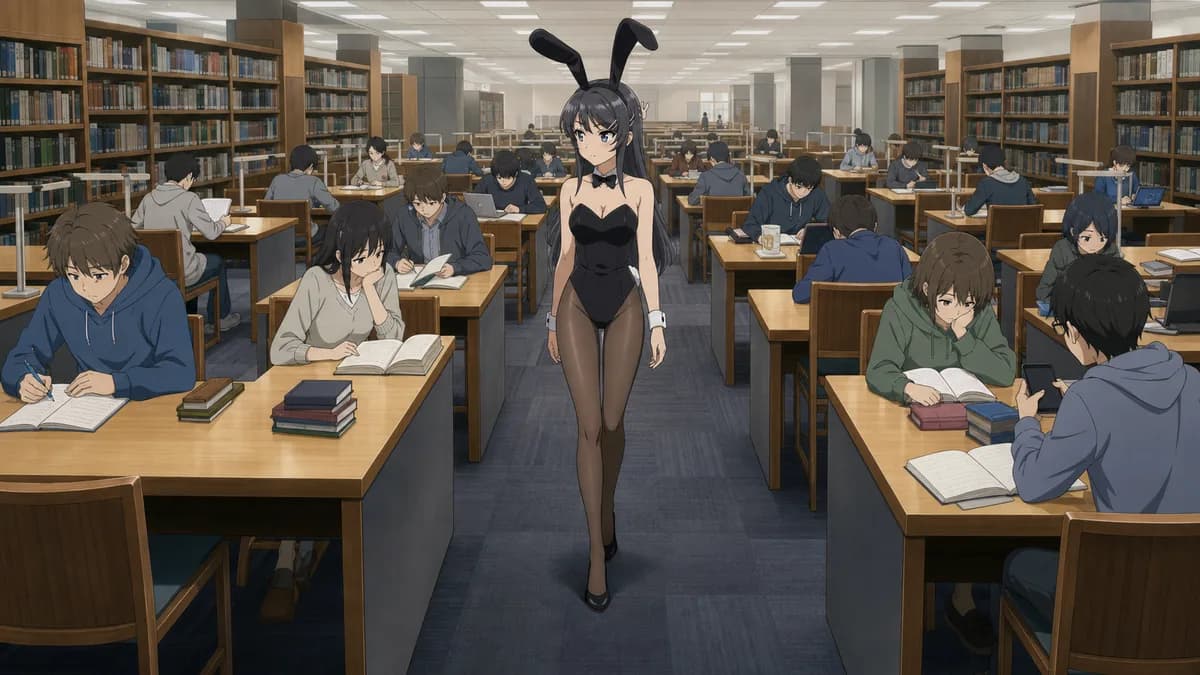 Mai walking through a busy library in a bunny costume while every single person ignores her.