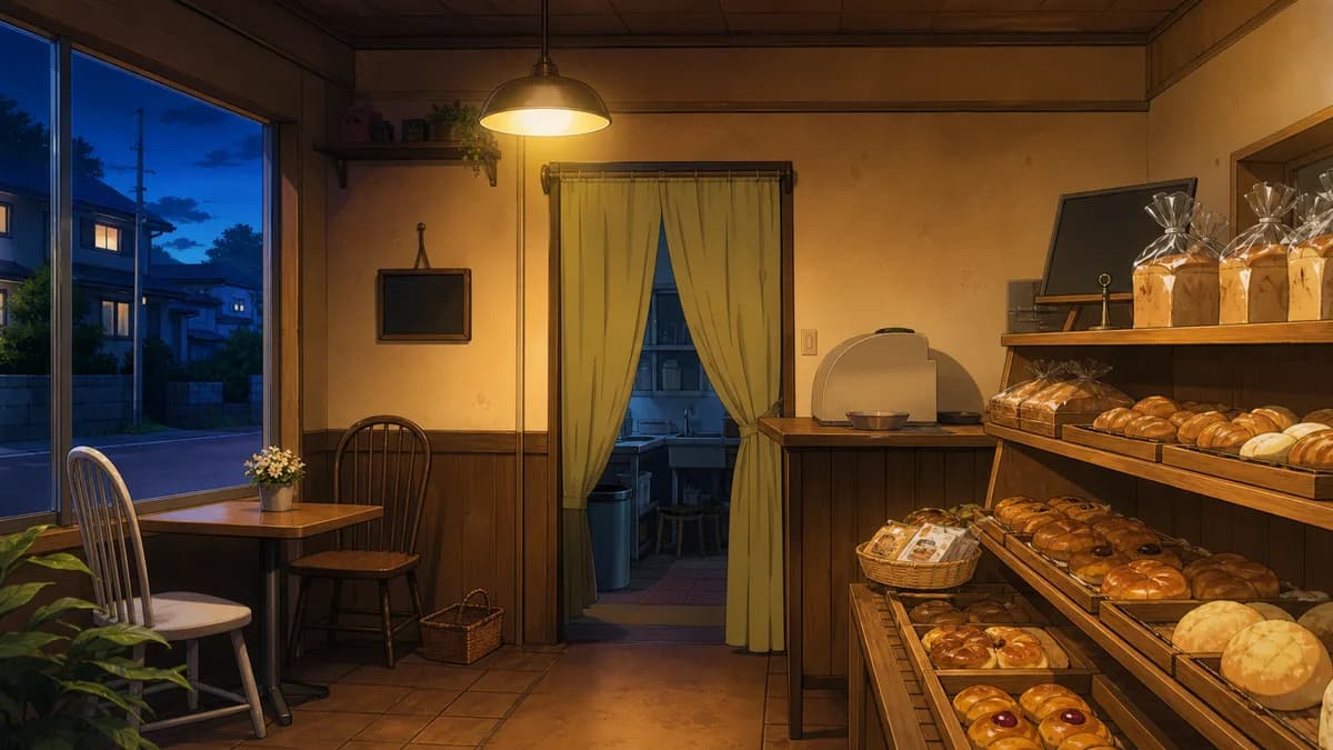 The warm cluttered interior of the Furukawa family bakery in the evening.