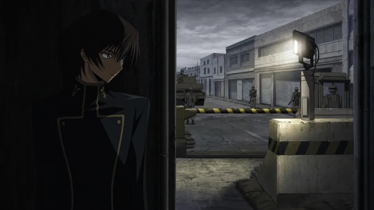 Lelouch watching a military checkpoint bar a city street from the shadow of an alley.