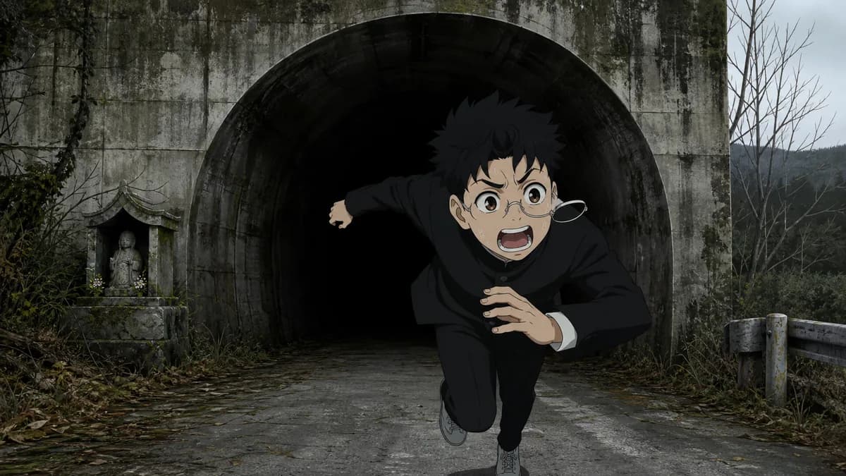 Okarun running headlong out of a dark rural tunnel, glasses askew.