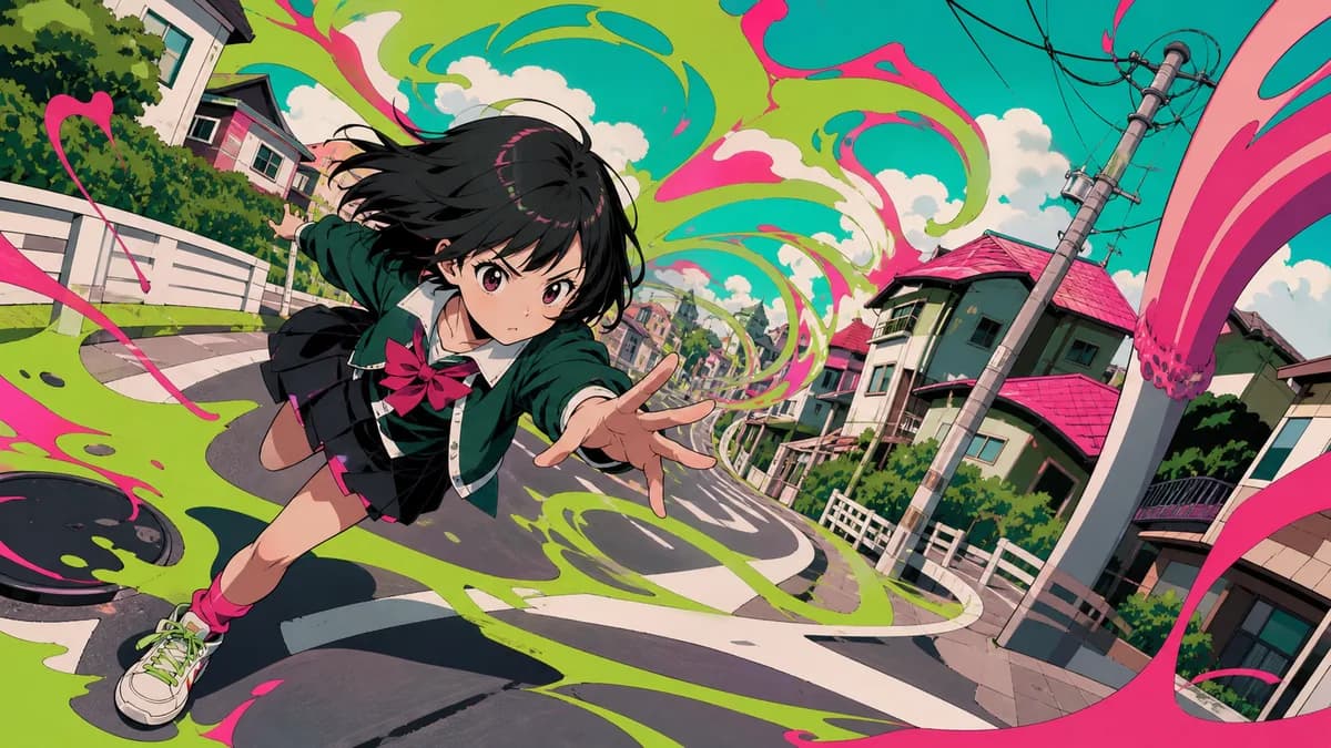Momo mid-action on a suburban street that bends and stretches around her.