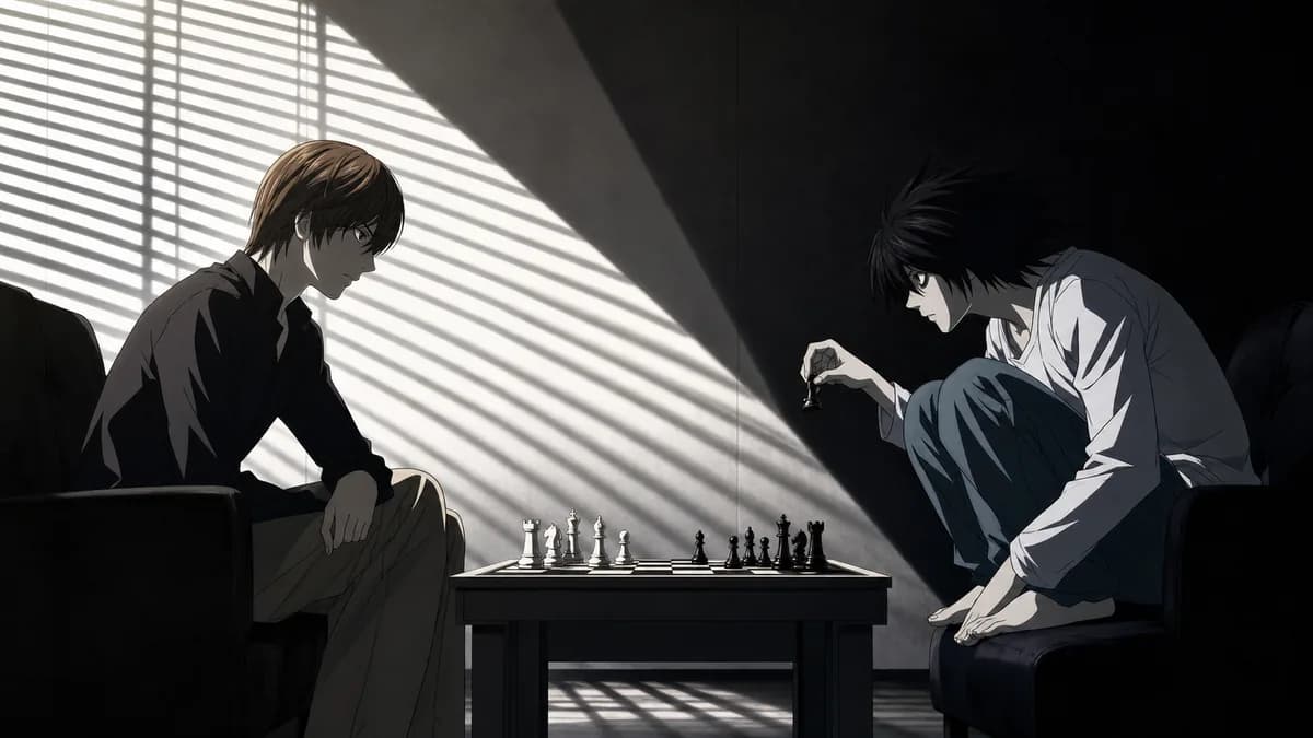 Light and L facing each other across a chessboard in a room cut in half by hard shadow.