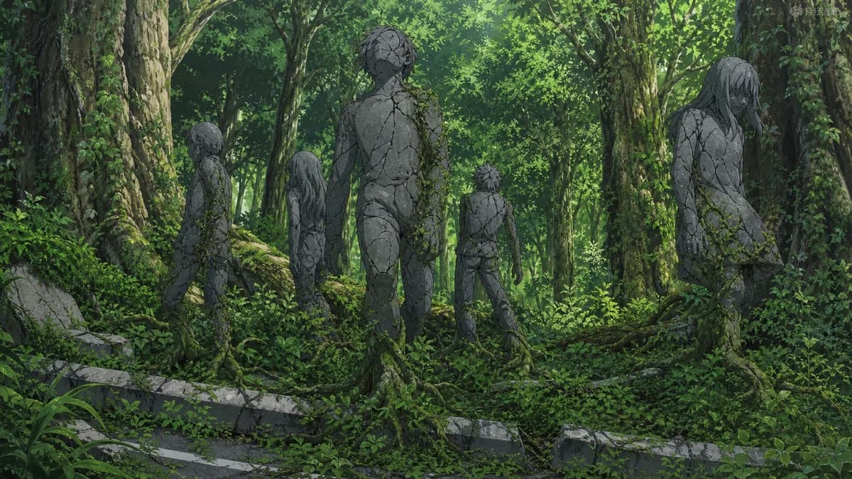 Human figures turned to grey stone standing among trees where a city street used to be.