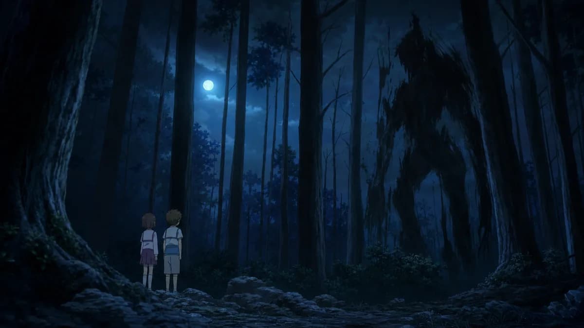 A huge misshapen silhouette standing at the edge of a forest at night, half drawn.
