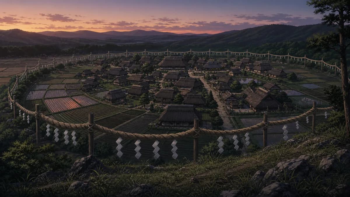 A serene village enclosed by sacred rope barriers and paper streamers, nobody outside them.