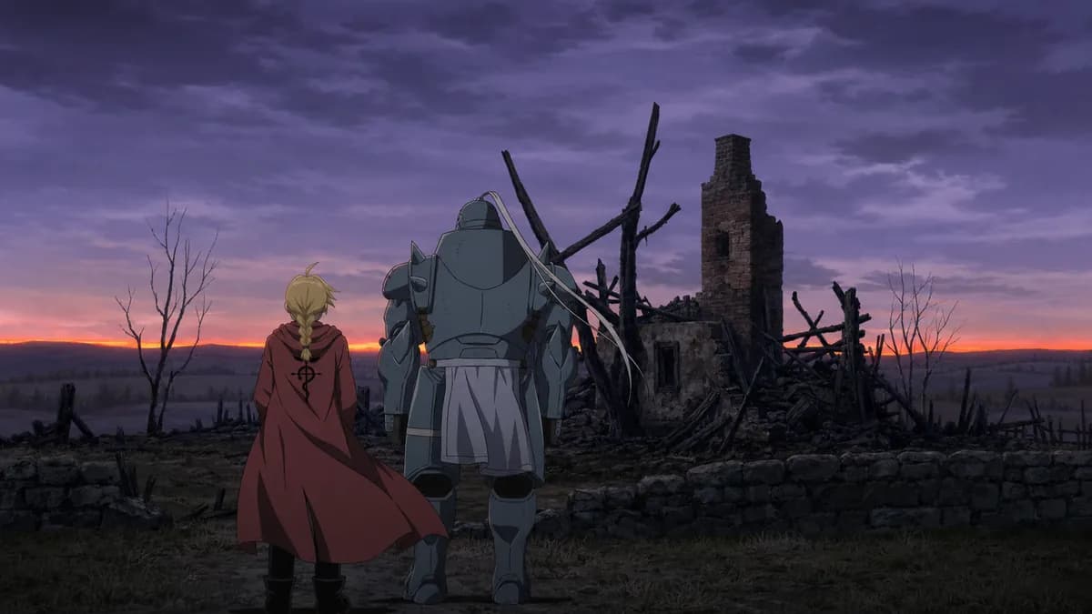 Edward and Alphonse standing before their burned-out family house at dusk.