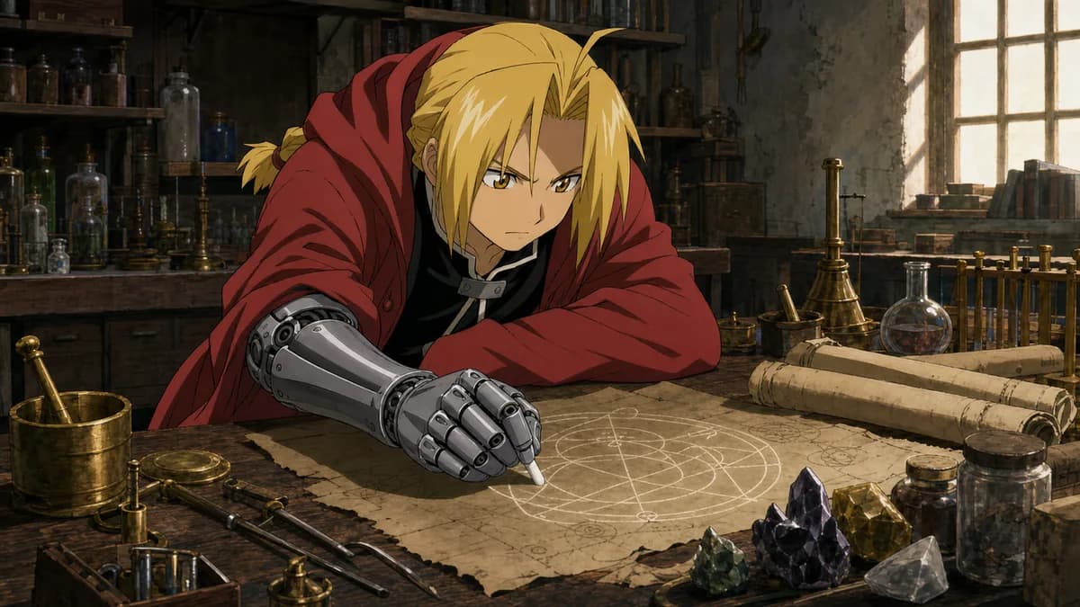 Edward working at an alchemist's bench of brass instruments and geometric diagrams.