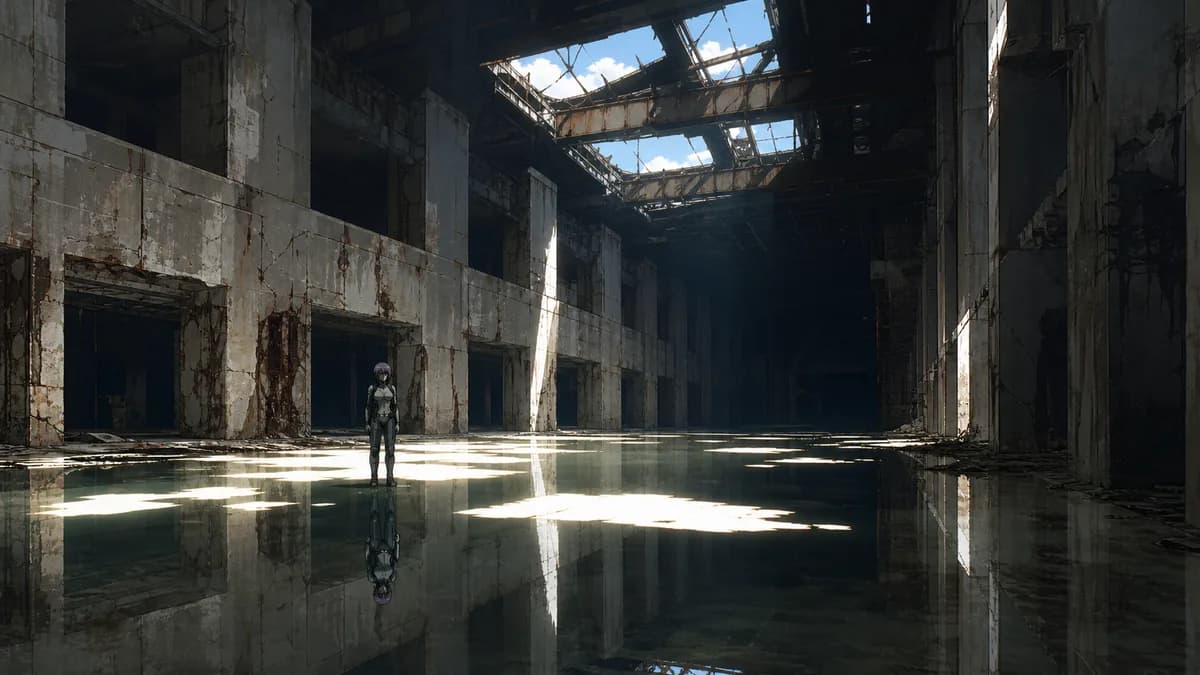 Kusanagi standing in shallow water in a derelict hall as light falls through a broken roof.