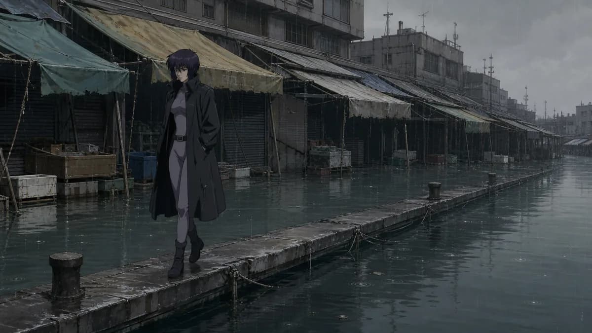 Kusanagi walking a flooded canal market under grey rain, coat soaked, ignored by no one.