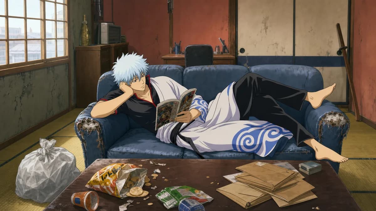 Gintoki sprawled on a sagging couch in a shabby tatami office littered with snack wrappers.