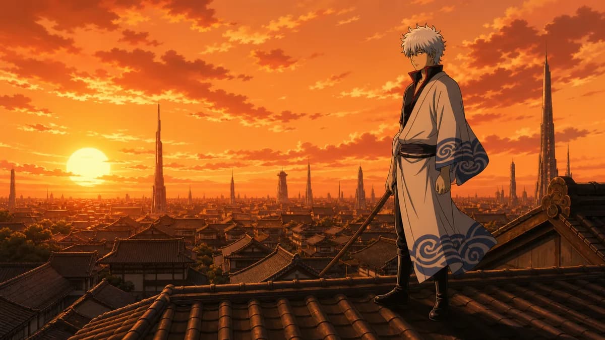 Gintoki standing on an Edo rooftop at sunset, sword lowered, alien spires among the tiles.