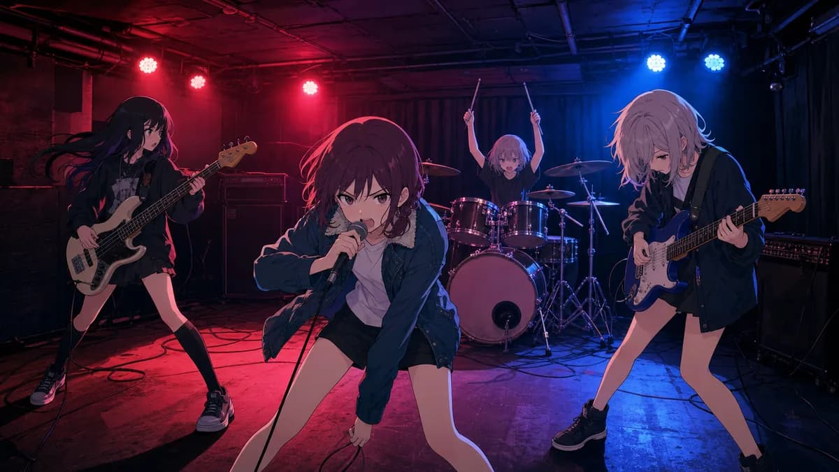 The band mid-song on a tiny live-house stage under harsh red and blue lights.