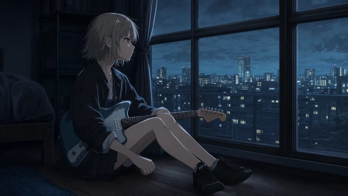 Nina sitting alone by an apartment window at night with an unplugged guitar across her knees.