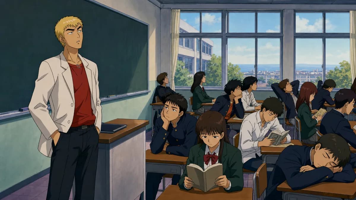 Onizuka standing at the front of a hostile classroom while the students refuse to look at him.