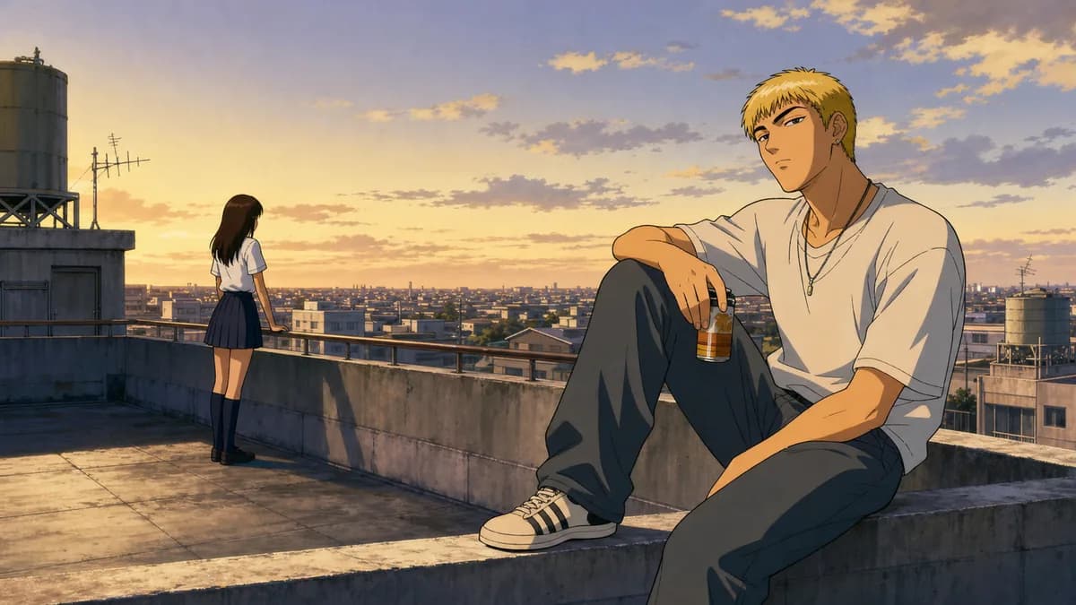 Onizuka sitting on a school rooftop railing beside a student, both looking out over the city.