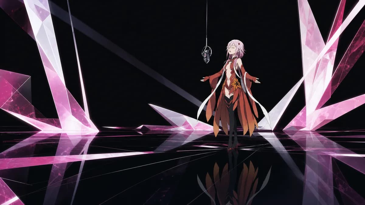Inori singing alone in a vast dark space, sharp geometric light blooming around her.