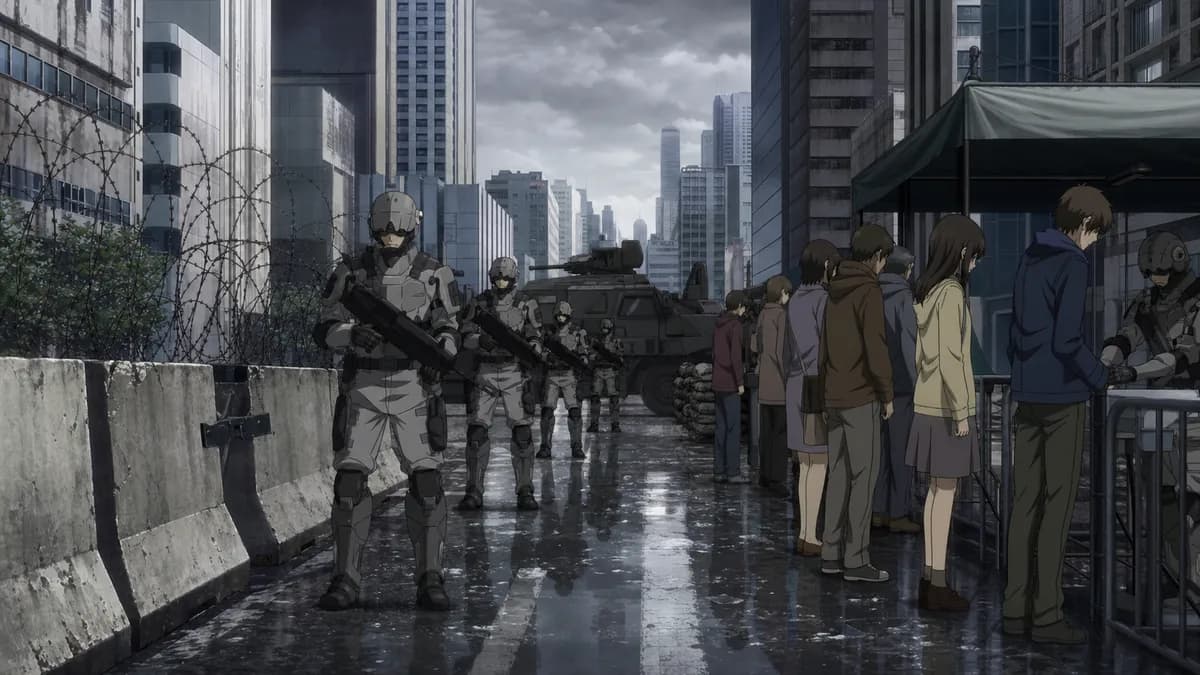 Armoured soldiers and barricades sealing off a Tokyo street under a grey sky.