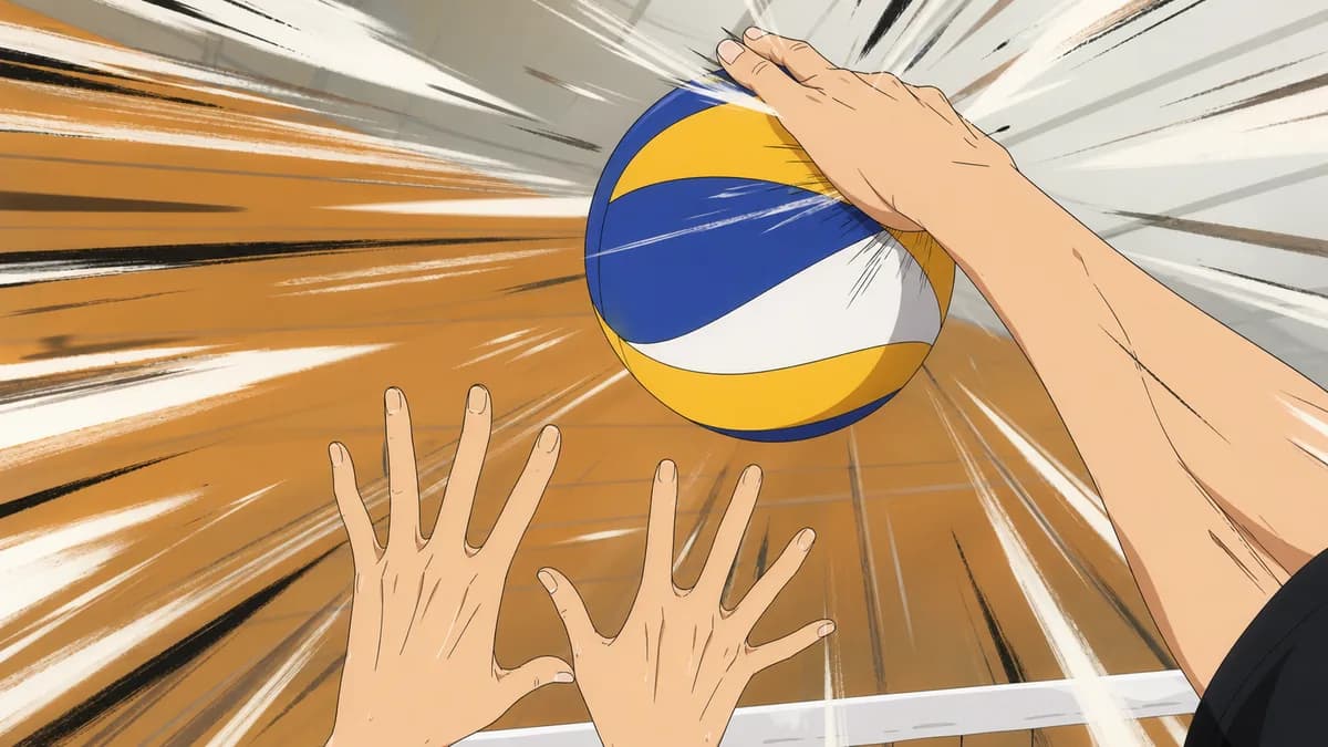 A spike frozen at the instant of contact, motion lines flying off the ball.