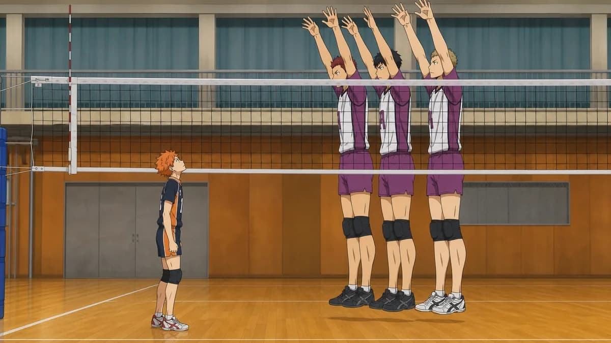 Hinata looking up at a wall of much taller blockers on the far side of the net.