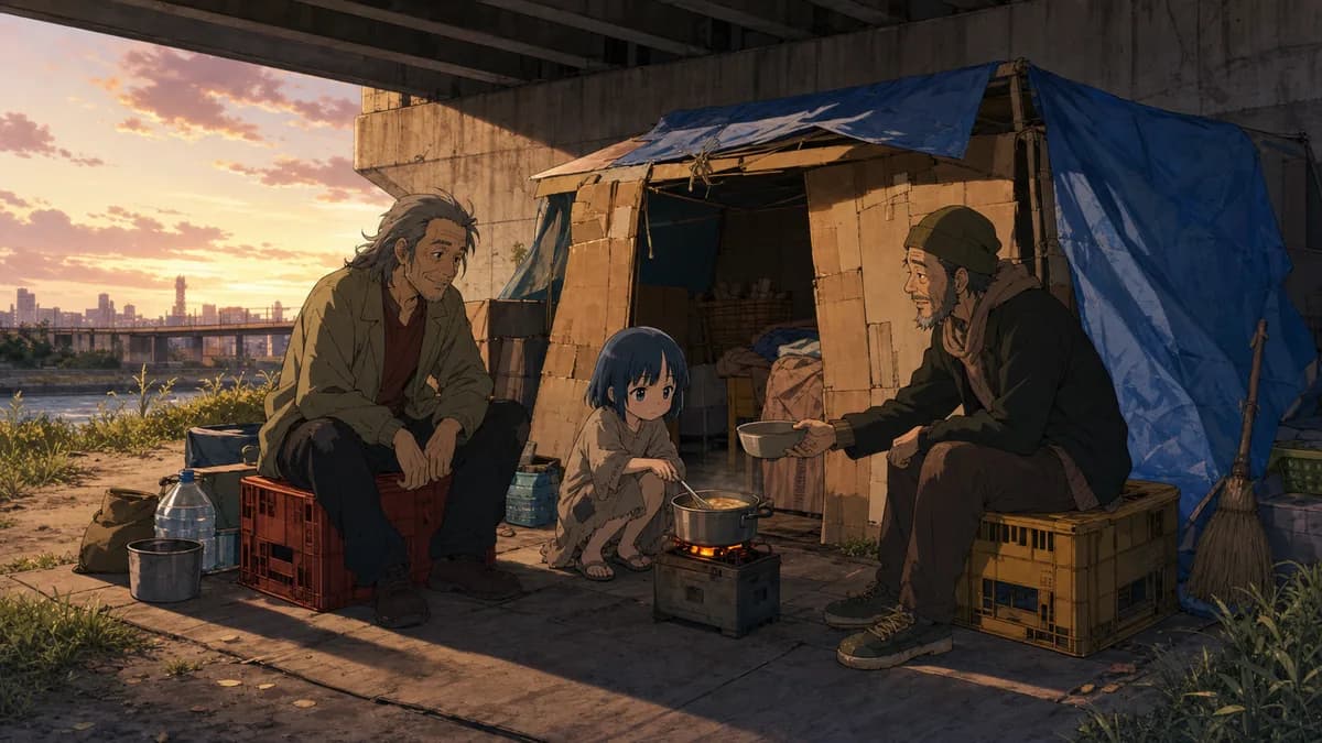 A small girl outside a neat cardboard shelter under a bridge, cooking with two older men.
