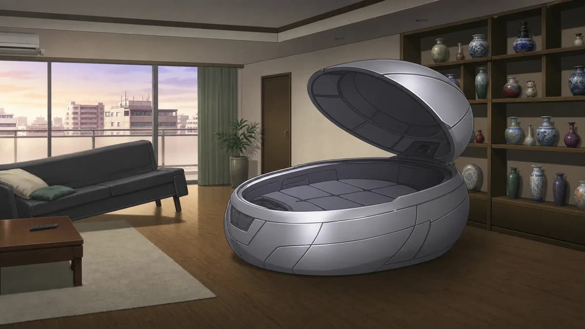 A large metal pod sitting in the middle of a tidy apartment with the lid open.