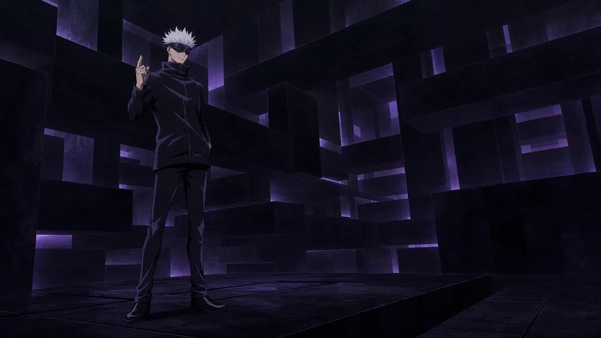 Gojo standing calm inside an angular black-and-violet domain of interlocking planes.