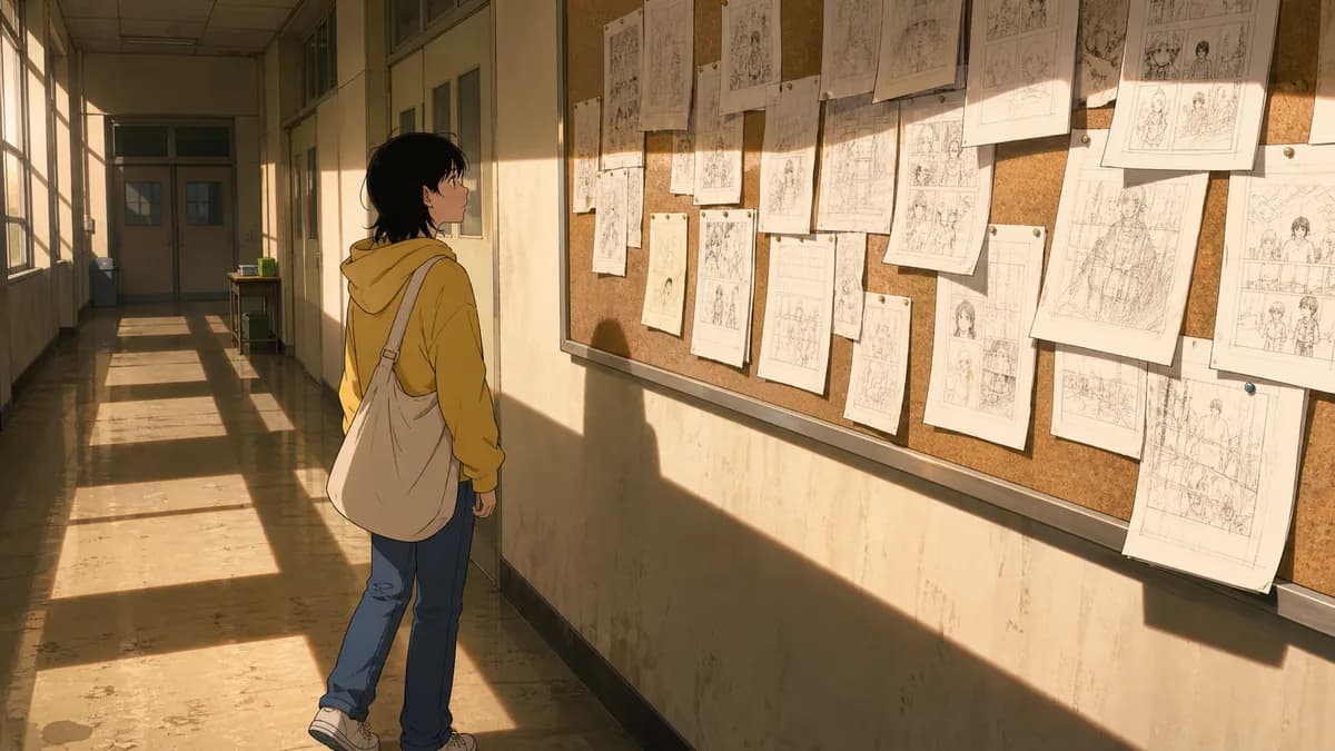 Fujino stopped in an empty school corridor staring at a noticeboard of pinned pages.