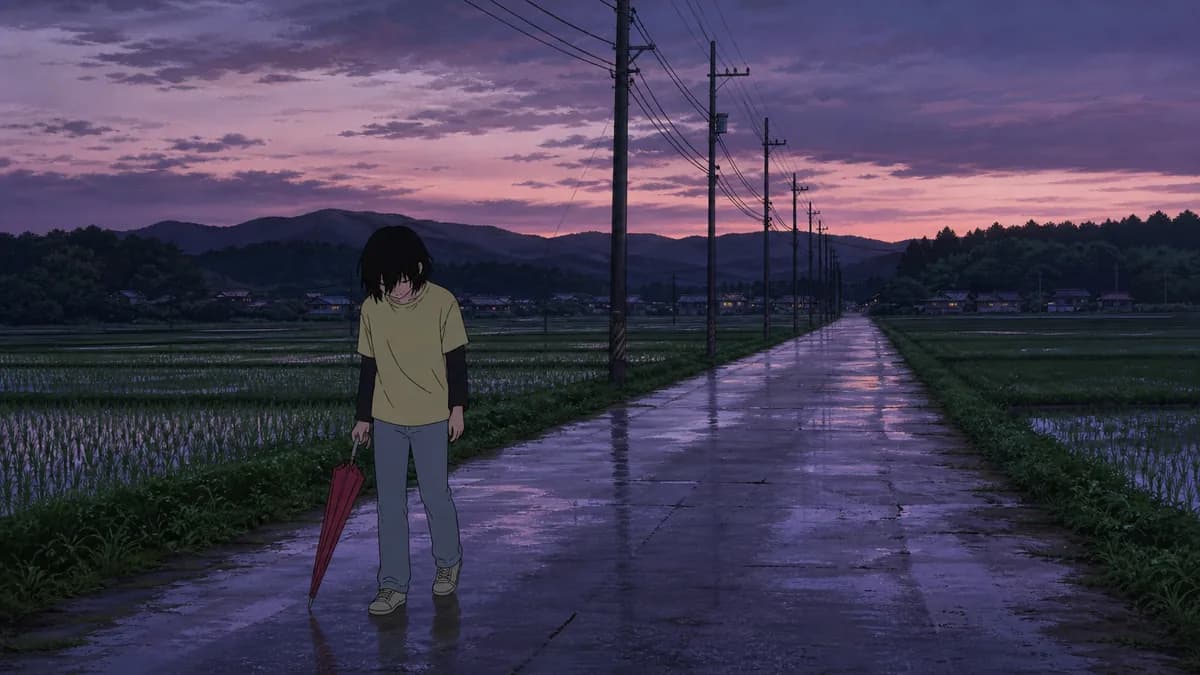 Fujino walking a wet country road at dusk, umbrella down at her side.