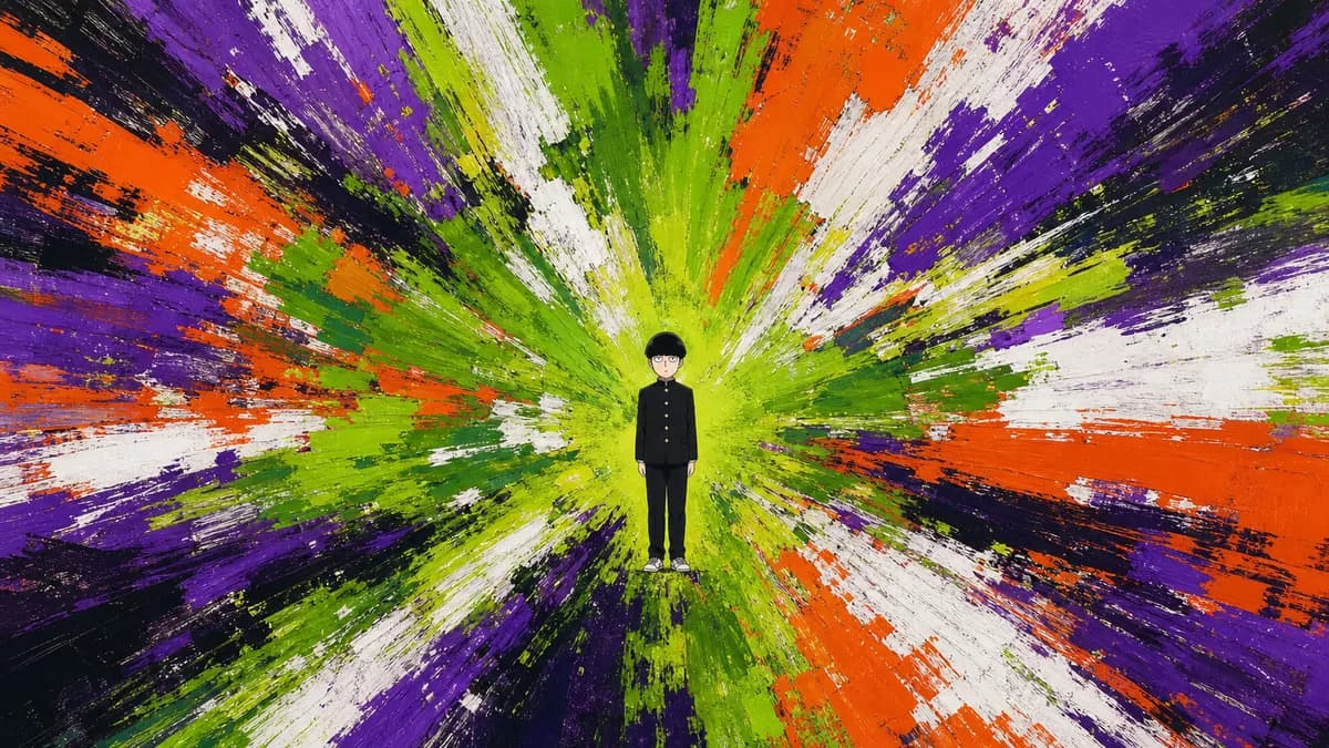 Mob at the centre of an explosion of thick painted brush strokes radiating outward.