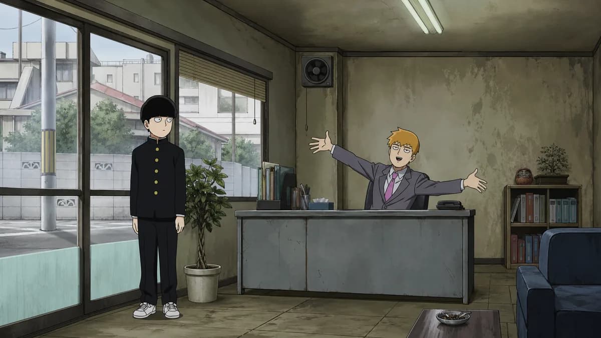 Mob standing awkwardly in a shabby one-room exorcism office while Reigen talks.