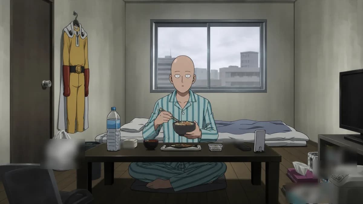 Saitama sitting bored in his drab one-room apartment, costume on a nail by the door.