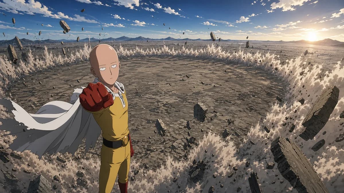 Saitama mid-punch as a vast shockwave ring blasts dust outward across a ruined plain.