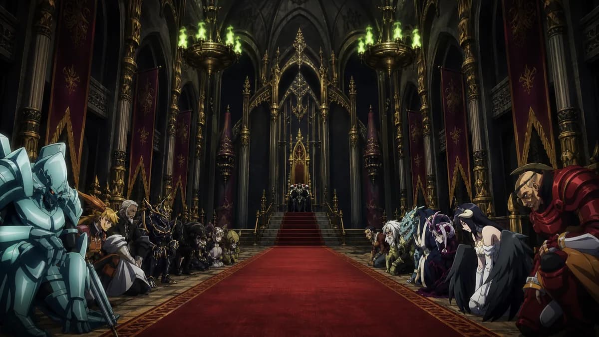 Ranks of guardians kneeling down a vast ornate hall before a distant throne.