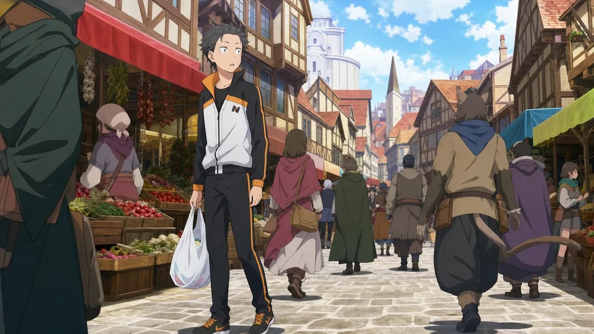 Subaru alone in a crowded medieval market street, still dressed for modern Tokyo.