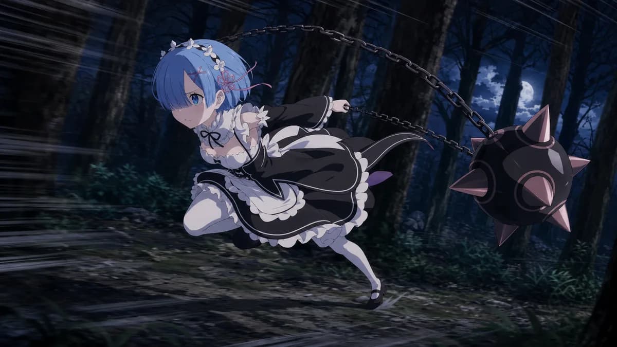 Rem charging with her spiked flail through a night forest, chain whipping behind her.