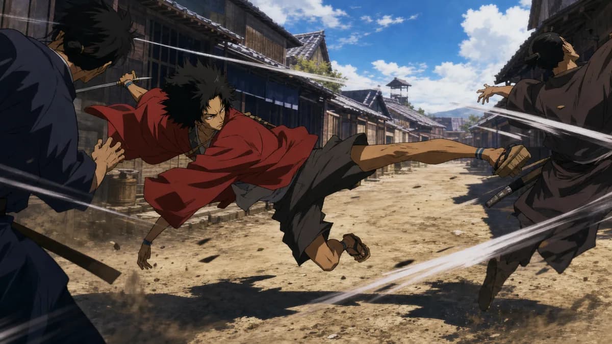 Mugen mid-fight, body twisted into an off-balance kick that looks more like dance than swordplay.