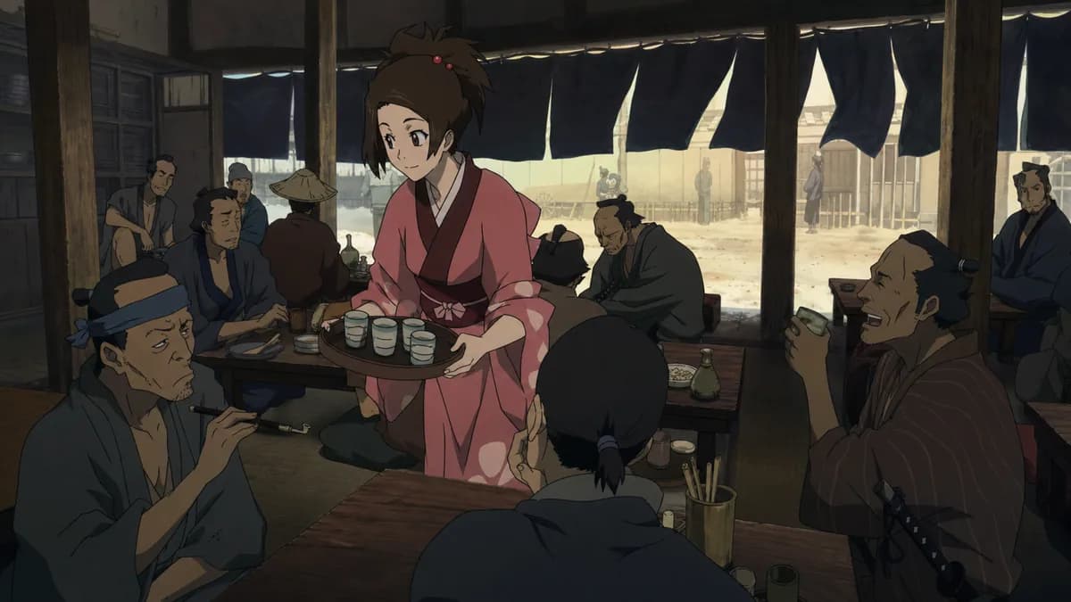 Fuu working a crowded roadside teahouse, tray in hand, moments before the fight starts.