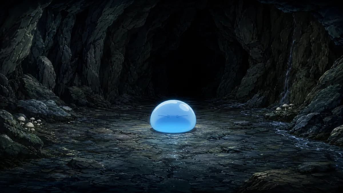 A small translucent blue slime alone on the floor of a dark cave.