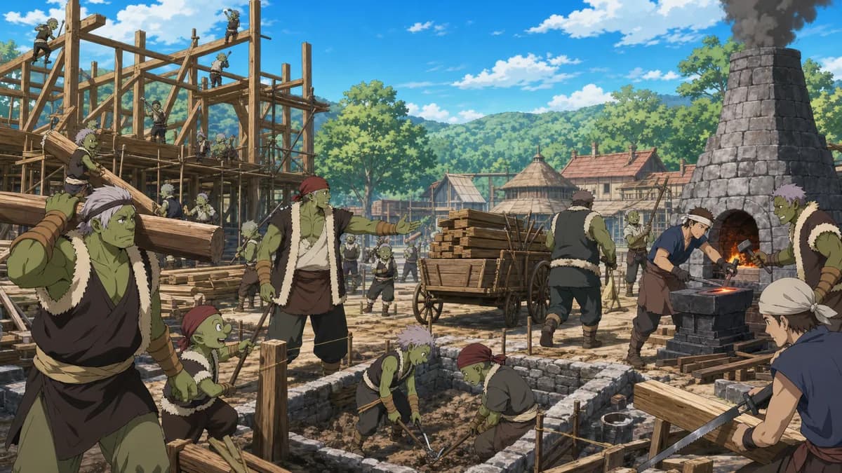 A forest settlement under construction, monsters and craftsmen working side by side.
