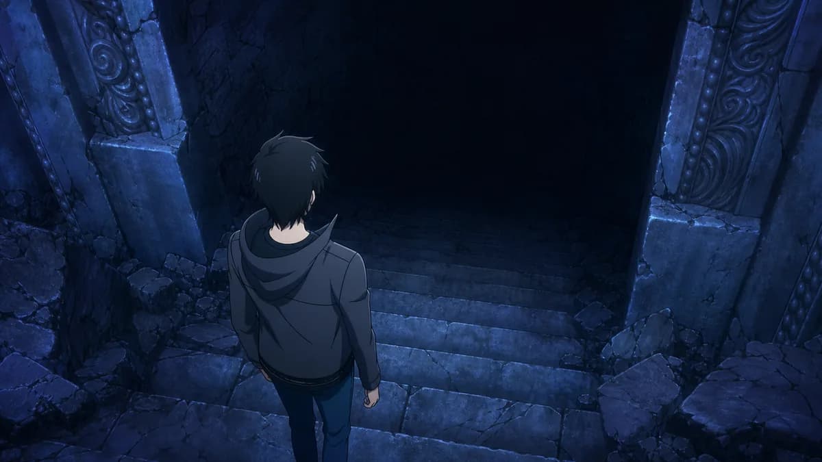 Sung Jin-Woo descending worn stone steps into a dungeon flooded with cold blue light.