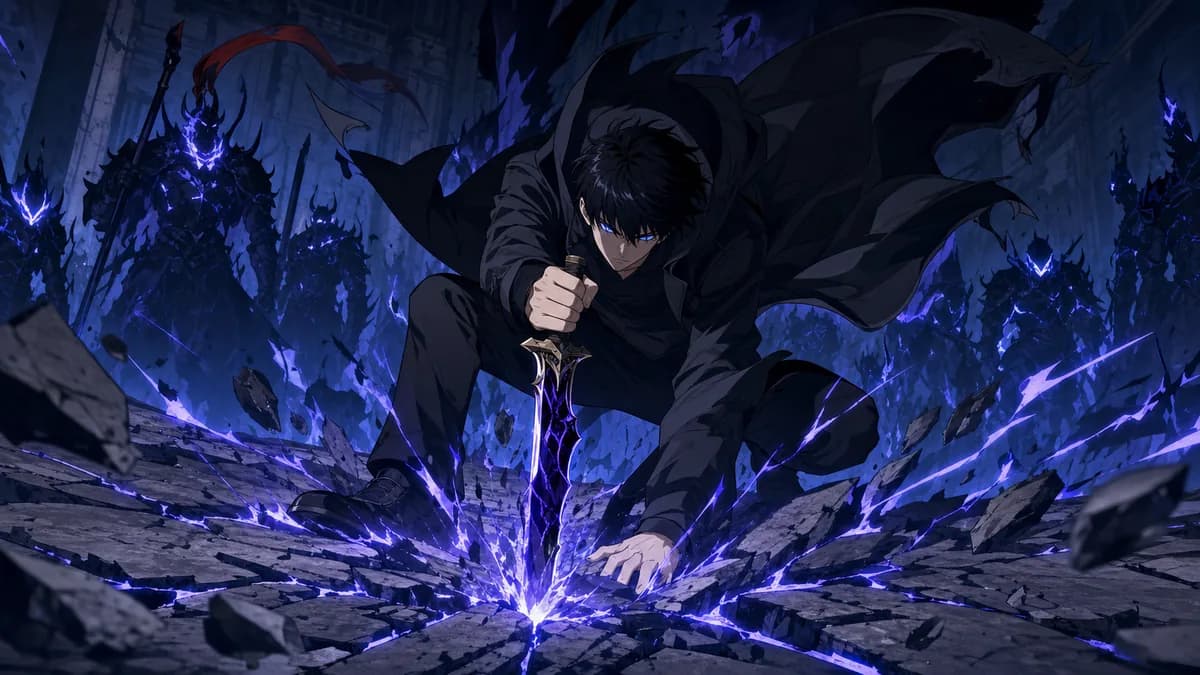 Sung Jin-Woo mid-strike on a shattered arena floor, shadow soldiers rising behind him.