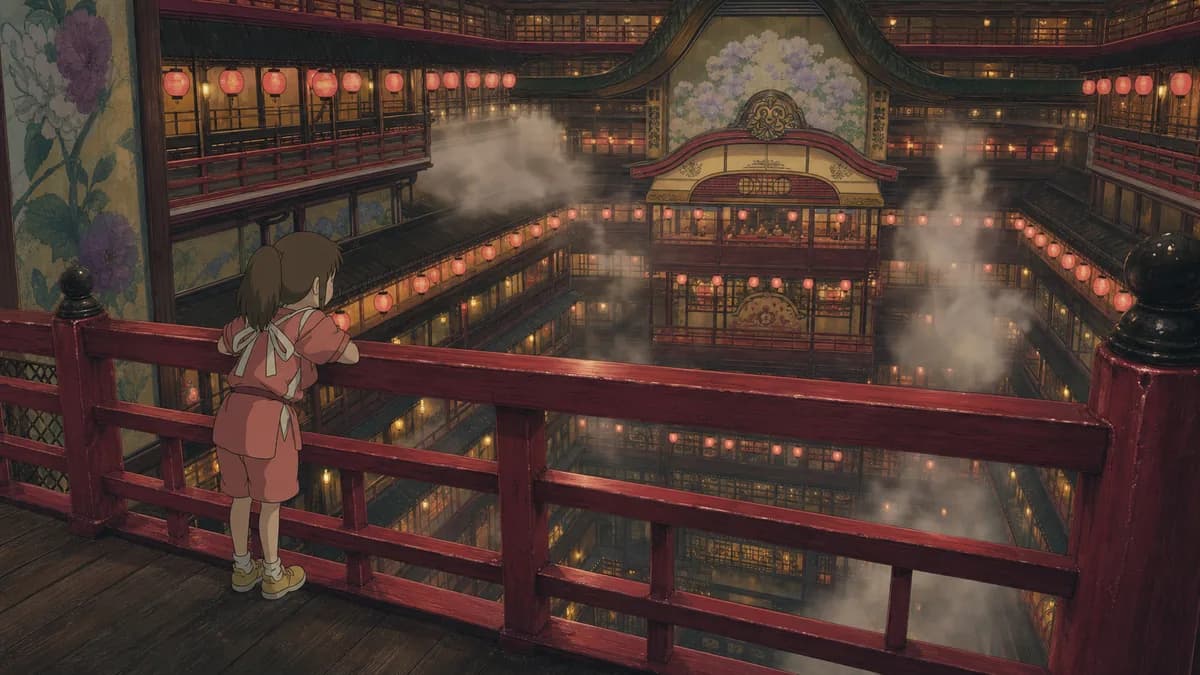 Chihiro small on a red-lacquered balcony inside the vast lantern-lit bathhouse.