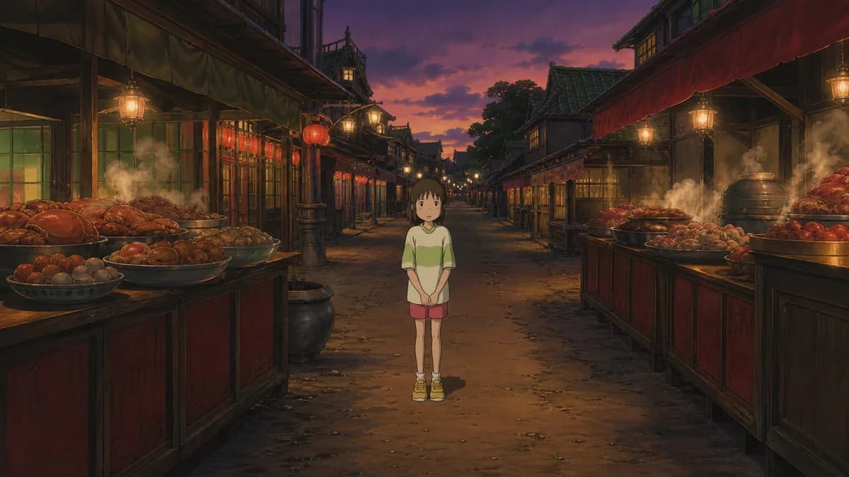 Chihiro standing frozen in an abandoned street of food stalls at dusk, steam still rising.