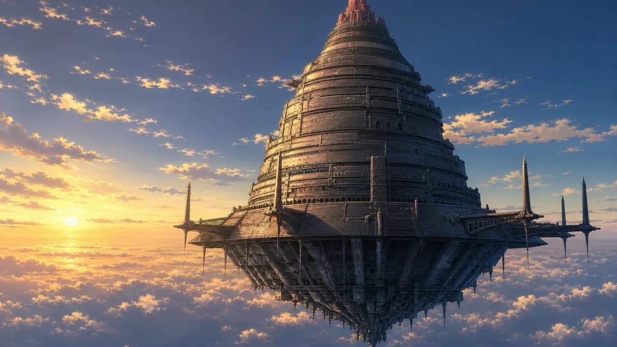 An enormous layered iron castle hanging in an empty sky above the clouds.