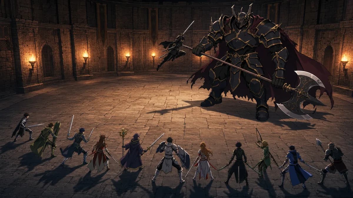 A raid party spread across a stone arena facing a single huge armoured opponent.