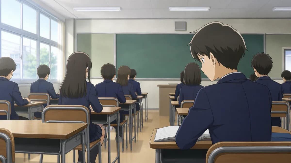 A boy at the back of a classroom stealing a glance at a girl two rows ahead.