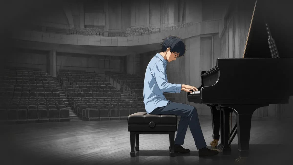 Kousei at a piano while the world around him drains to grey.
