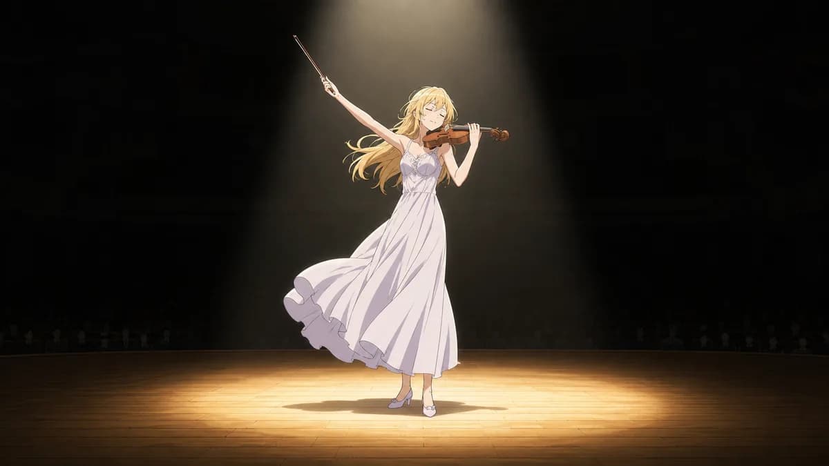 Kaori mid-performance on a concert stage, bow lifted, the hall dark around her.