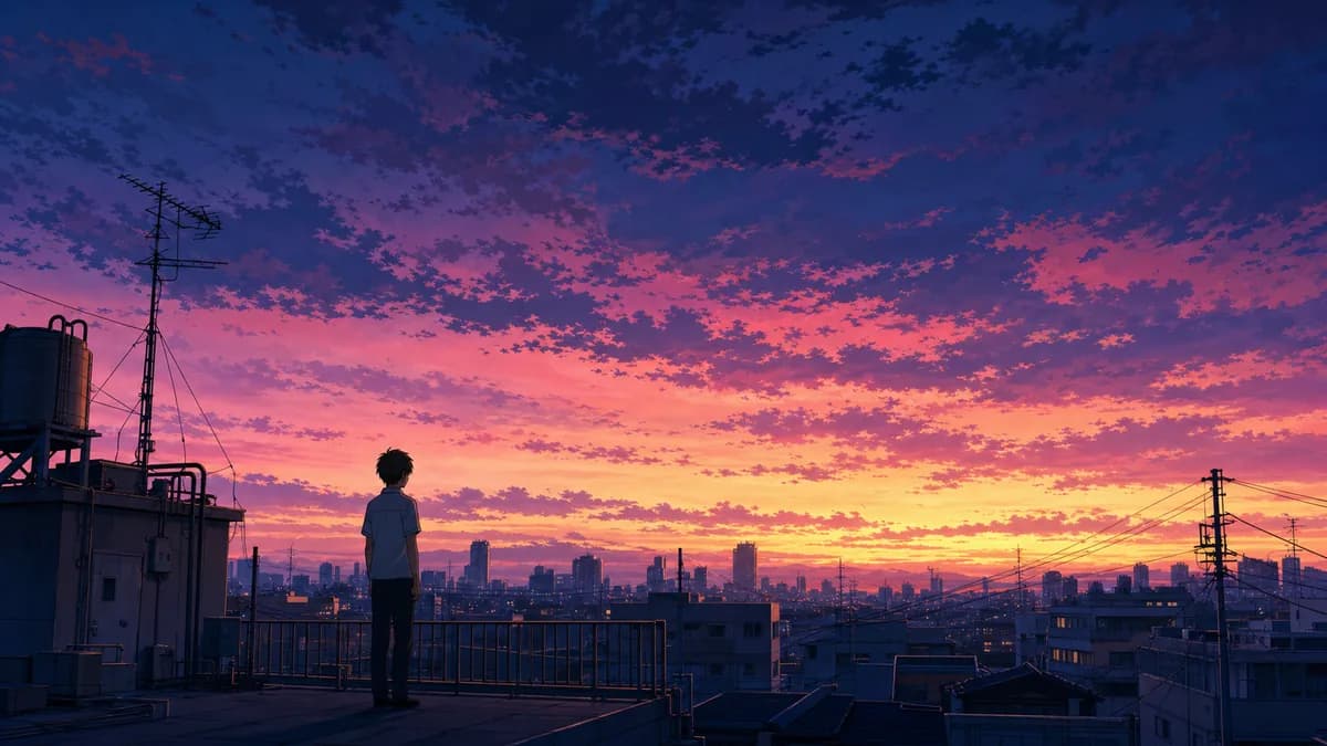 Taki standing on a Tokyo rooftop against an enormous gradient dusk sky.